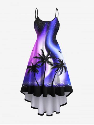 Plus Size Ombre Aurora Galaxy Coconut Tree Print Backless High Low Asymmetric Hawaii Dress - MULTI-A - S