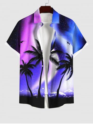 Plus Size Ombre Aurora Galaxy Coconut Tree Print Hawaii Button Pocket Shirt For Men
