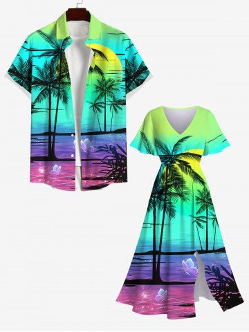 Glitter Butterfly Ombre Sea Sun Coconut Tree Print Plus Size Matching Hawaii Beach Outfit For Couples - MULTI-A