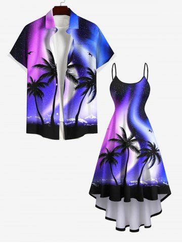 Ombre Aurora Galaxy Coconut Tree Print Plus Size Matching Hawaii Beach Outfit For Couples