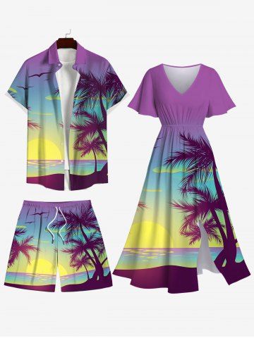 Coconut Tree Sunset Sea Print Plus Size Matching Hawaii Beach Outfit For Couples