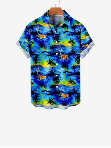 Kid's Coconut Tree Sea Sun Print Hawaii Button Pocket Shirt - BLUE - 130