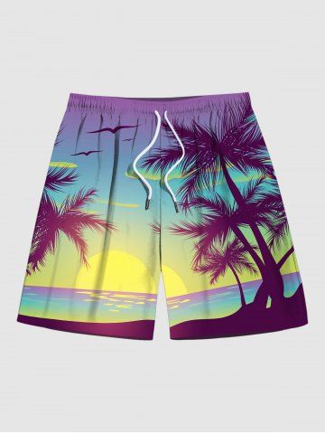 Plus Size Coconut Tree Sunset Sea Print Hawaii Beach Shorts