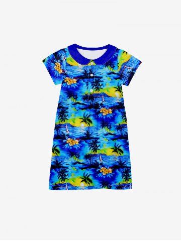 Kid's Turn-down Collar Coconut Tree Sea Sun Print Hawaii Button Dress