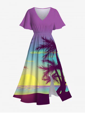 Robe Hawaïen Fendue Cocotier et Coucher de Soleil Imprimés de Grande Taille - MULTI-A - 3X