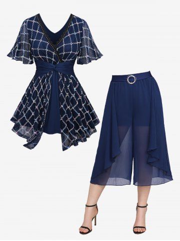 Plaid Embroidery Mesh Rivet Lace Trim Twist Surplice Top and Layered Ruffles Solid Culottes Pants Plus Size Matching Set