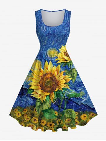 Plus Size Oil Painting Sunflowers Leaf Sea Waves Sun Print 1950s Vintage Dress - BLUE - XS