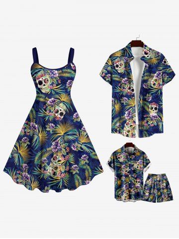 Skulls Coconut Tree Leaf Flower Print Plus Size Matching Hawaii Beach Outfit For Family - DEEP BLUE