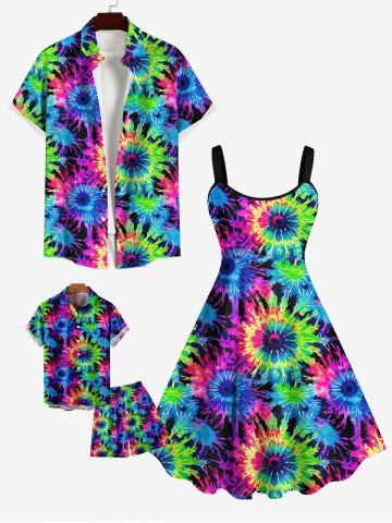 Tie Dye Floral Print Dress and Shirts Shorts Plus Size Matching Hawaii Beach Outfit For Family - MULTI-A