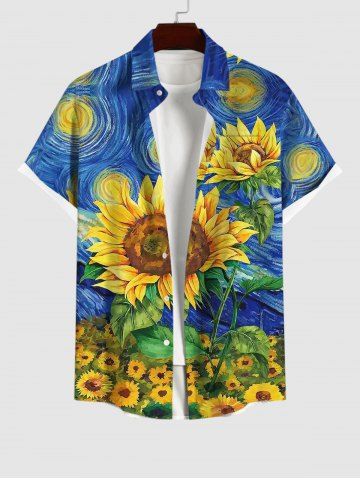 Plus Size Oil Painting Sunflower Leaf Sun Print Buttons Pocket Shirt For Men