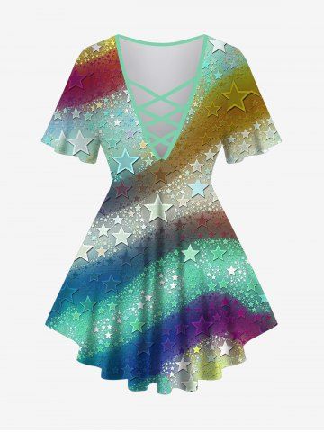 Plus Size Star Rainbow Colorblock Glitter 3D Print Lattice Crisscross Flare Sleeve T-shirt - MULTI-A - XS