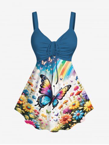 Plus Size Butterfly Flower Rainbow Print Ombre Cinched Backless Tank Top - BLUE - M