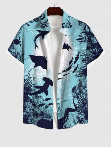 Plus Size Turtle Shark Fish Underwater World Painting Splatter Print Button Pocket Hawaii Sea Creatures Shirt For Men - MULTI-A - S