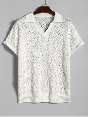 Men's Geometric Openwork Pointelle Knit Polo Collar Short Sleeves T-shirt - WHITE - M