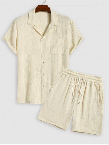 Men's Matching Two Piece Solid Color Wrinkle Textured Front Pocket Design Camp Collar Button Up Short Sleeves Shirt and Drawstring Casual Shorts Set - LIGHT COFFEE - XXL
