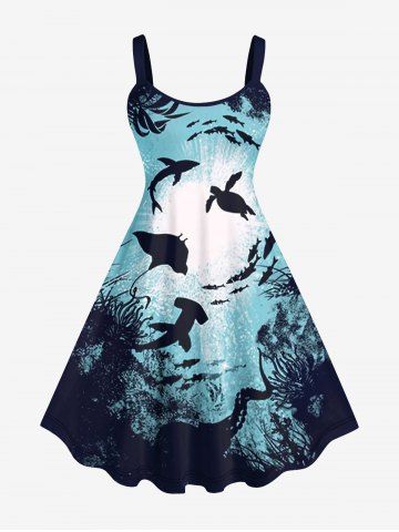 Plus Size Turtle Shark Fish Underwater World Painting Splatter Print Hawaii Sea Creatures Backless Dress - MULTI-A - 4X