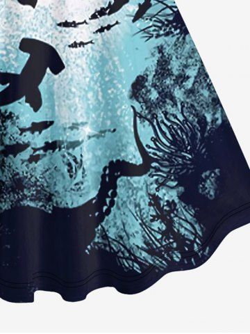 Plus Size Turtle Shark Fish Underwater World Painting Splatter Print Hawaii Sea Creatures Backless Dress