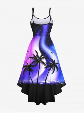 Plus Size Ombre Aurora Galaxy Coconut Tree Print Backless High Low Asymmetric Hawaii Dress