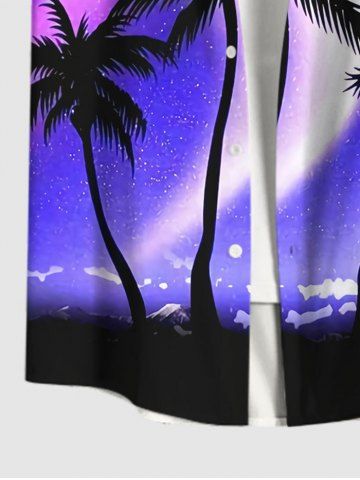 Plus Size Ombre Aurora Galaxy Coconut Tree Print Hawaii Button Pocket Shirt For Men