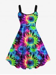 Plus Size Tie Dye Floral Print Hawaii Backless A Line Tank Dress -  