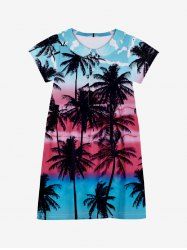 Kid's Coconut Tree Colorblock Cloud Birds Print Buttons Peter Pan Collar Hawaii Dress -  