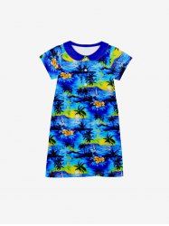 Kid's Turn-down Collar Coconut Tree Sea Sun Print Hawaii Button Dress -  