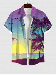 Plus Size Coconut Tree Sunset Sea Print Buttons Pocket Hawaii Shirt For Men -  