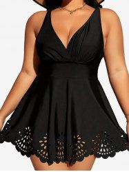 Maillot de Bain Tankini Fleuri Découpé de Grande Taille à Volants - Noir 2XL
