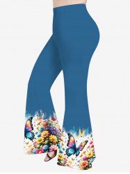 Pantalon Évasé Imprimé Papillon Floral Arc-en-Ciel Grande Taille - Bleu L