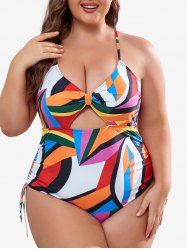 Plus Size Geometric Patterns Colorblock Print Cinched Hollow Out Crisscross Strapy One Piece Swimsuit -  