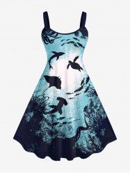 Plus Size Turtle Shark Fish Underwater World Painting Splatter Print Hawaii Sea Creatures Backless Dress -  