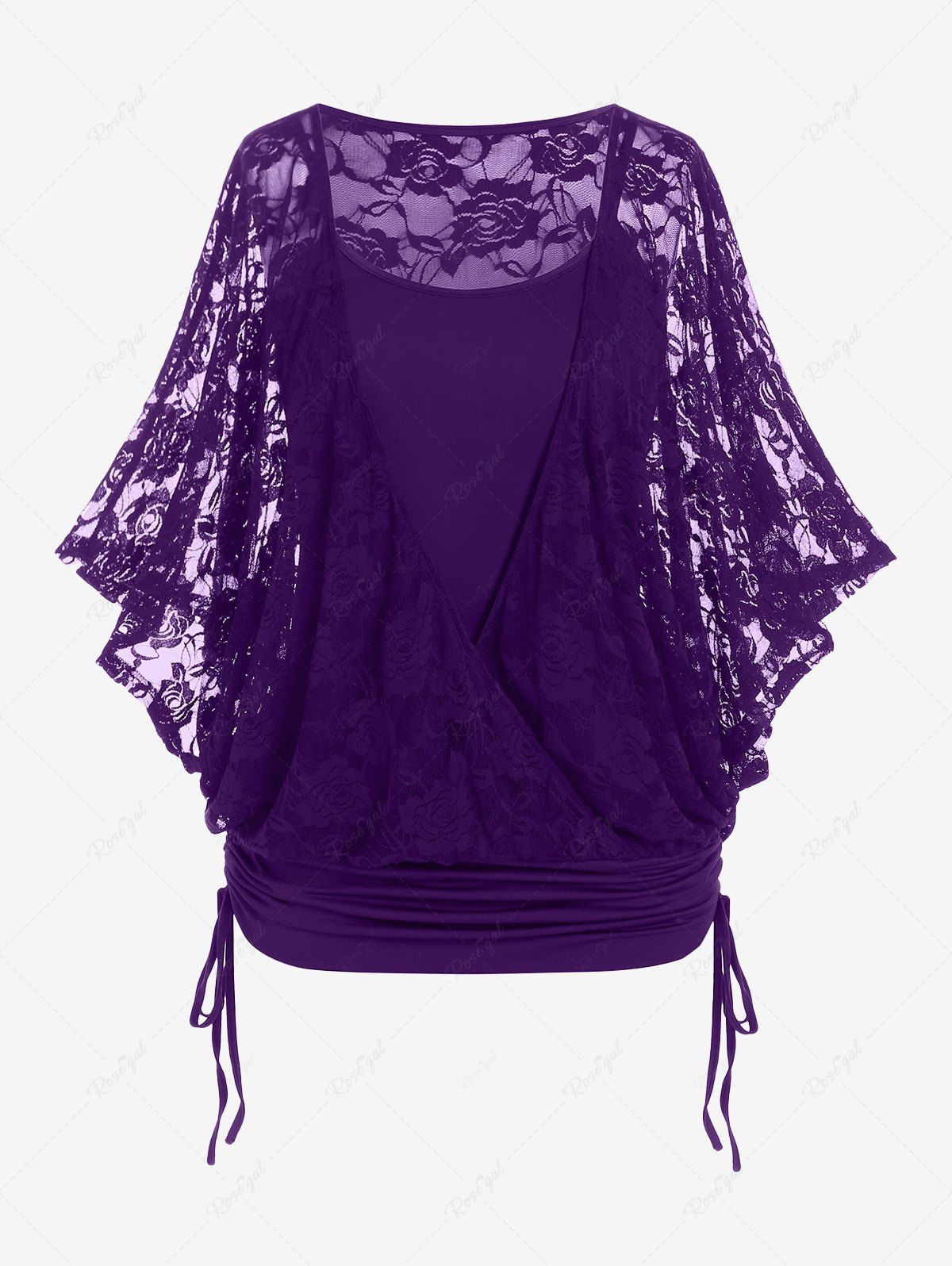 New Plus Size Floral Lace Panel Crossover Ruched Cinched Butterfly Sleeves 2 In 1 Top  