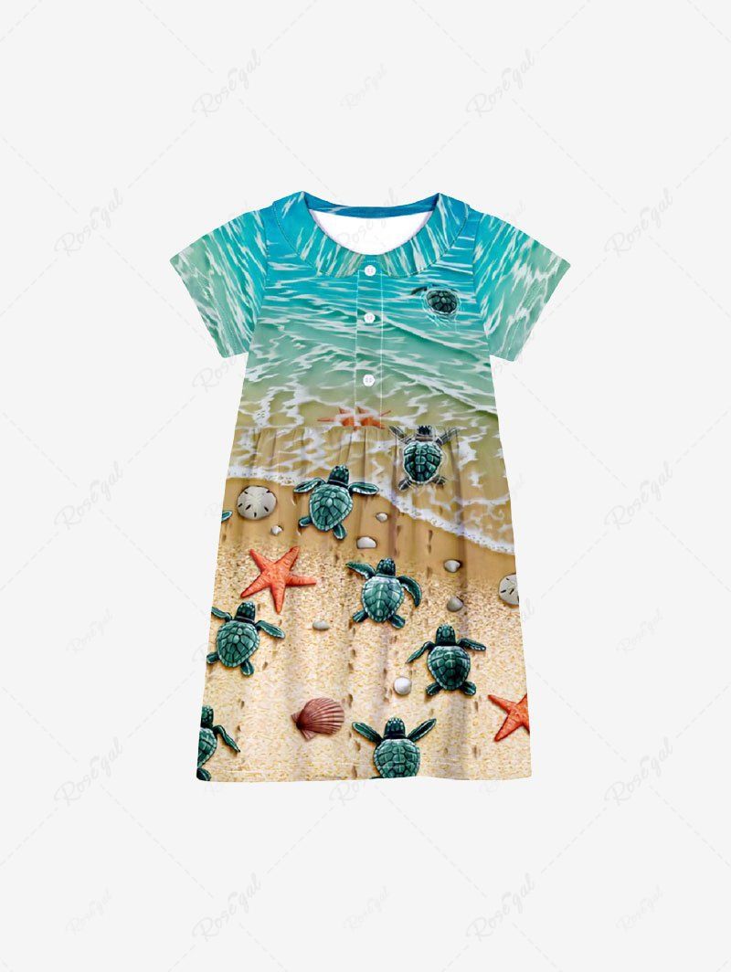 Fashion Kid's Sea Creatures Turtle Starfish Shell Beach Print Hawaii Peter Pan Collar Dress  