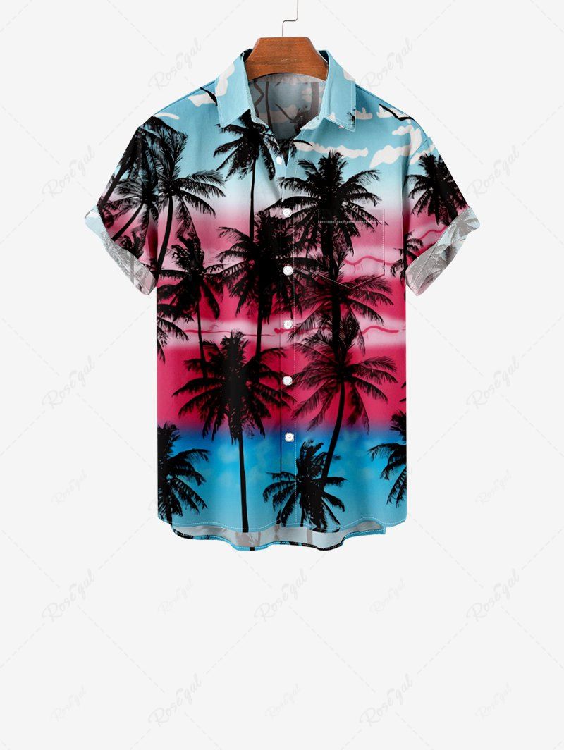 Online Kid's Coconut Tree Colorblock Cloud Birds Print Buttons Pocket Hawaii Shirt  
