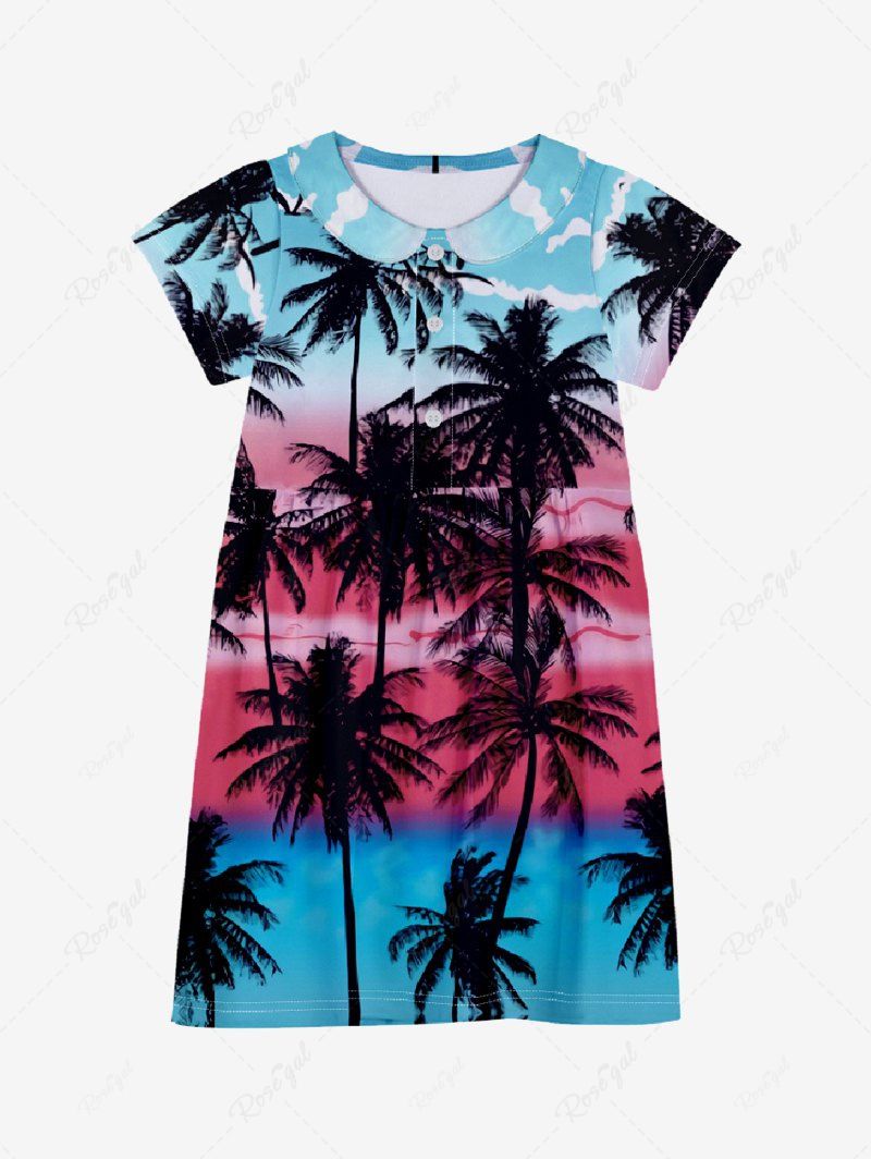 Shop Kid's Coconut Tree Colorblock Cloud Birds Print Buttons Peter Pan Collar Hawaii Dress  