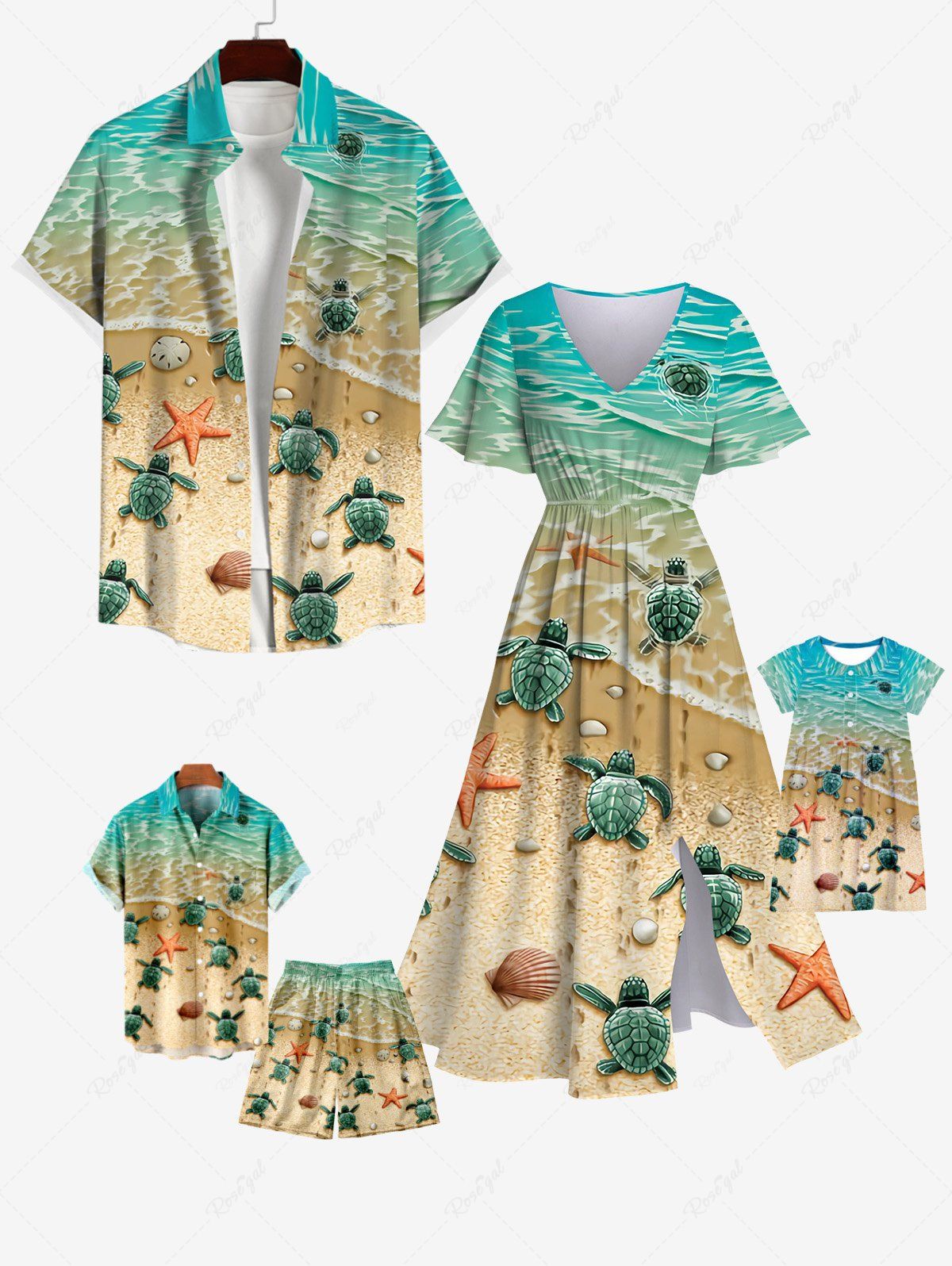 Unique Sea Creatures Turtle Starfish Shell Beach Print Plus Size Matching Hawaii Beach Outfit For Family  