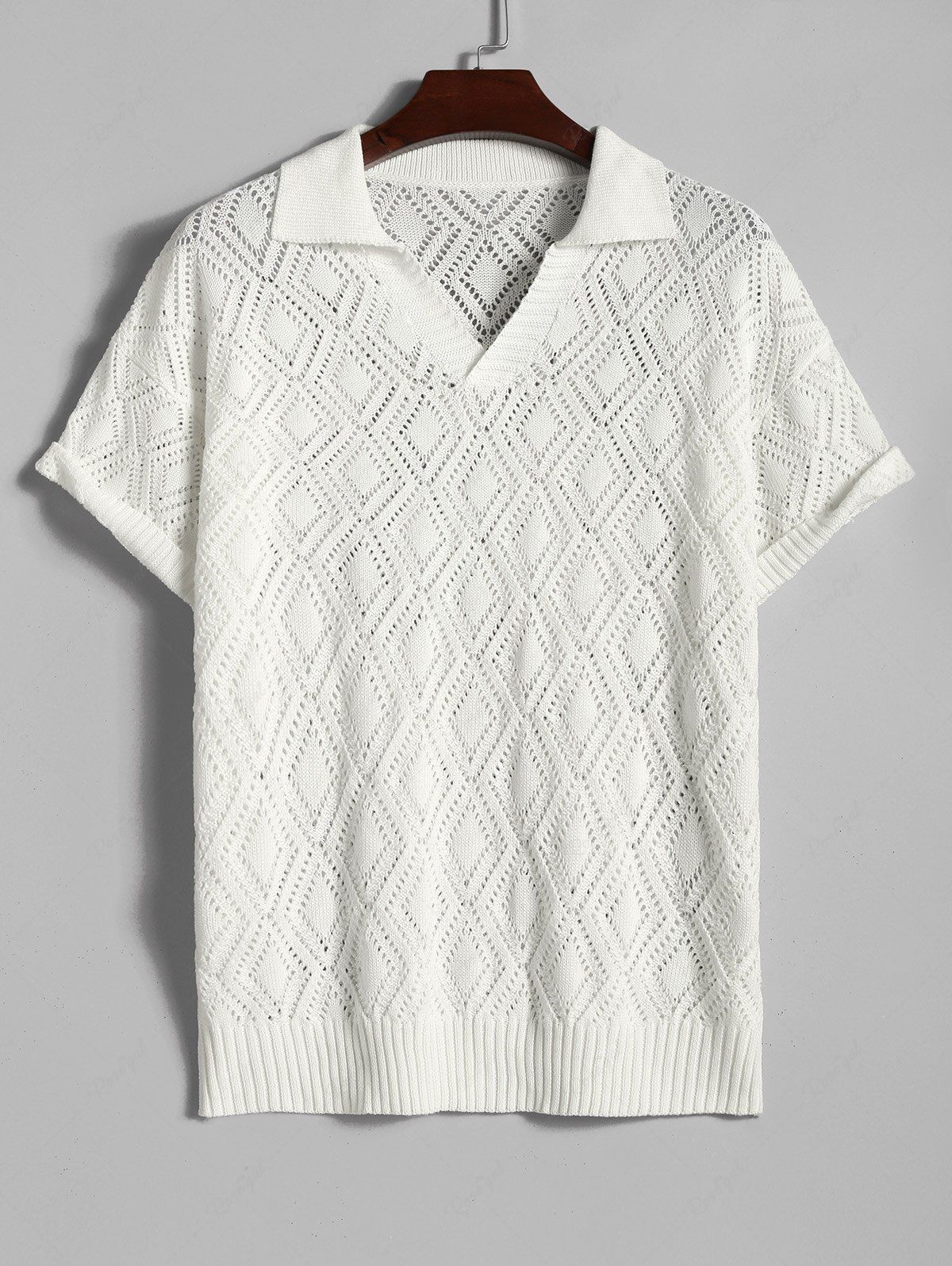 New Men's Geometric Openwork Pointelle Knit Polo Collar Short Sleeves T-shirt  