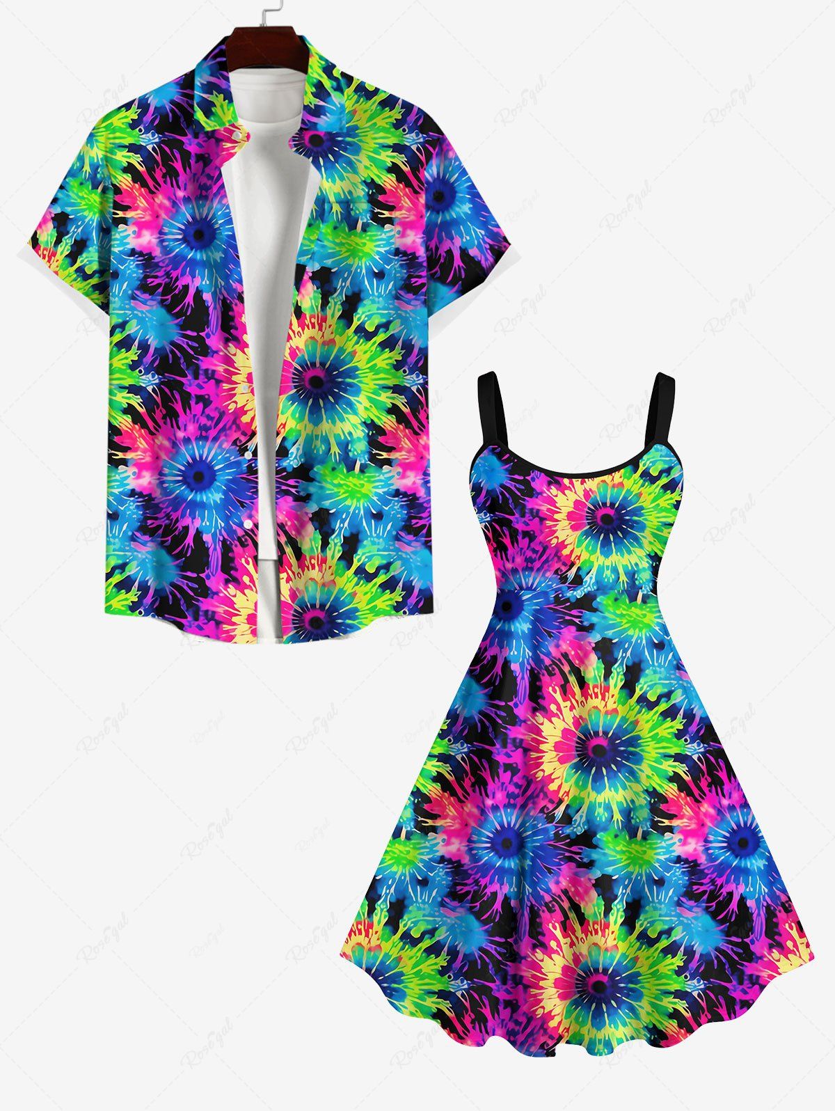 Fashion Tie Dye Floral Print Dress and Button Pocket Shirt Plus Size Matching Hawaii Beach Outfit For Couples  