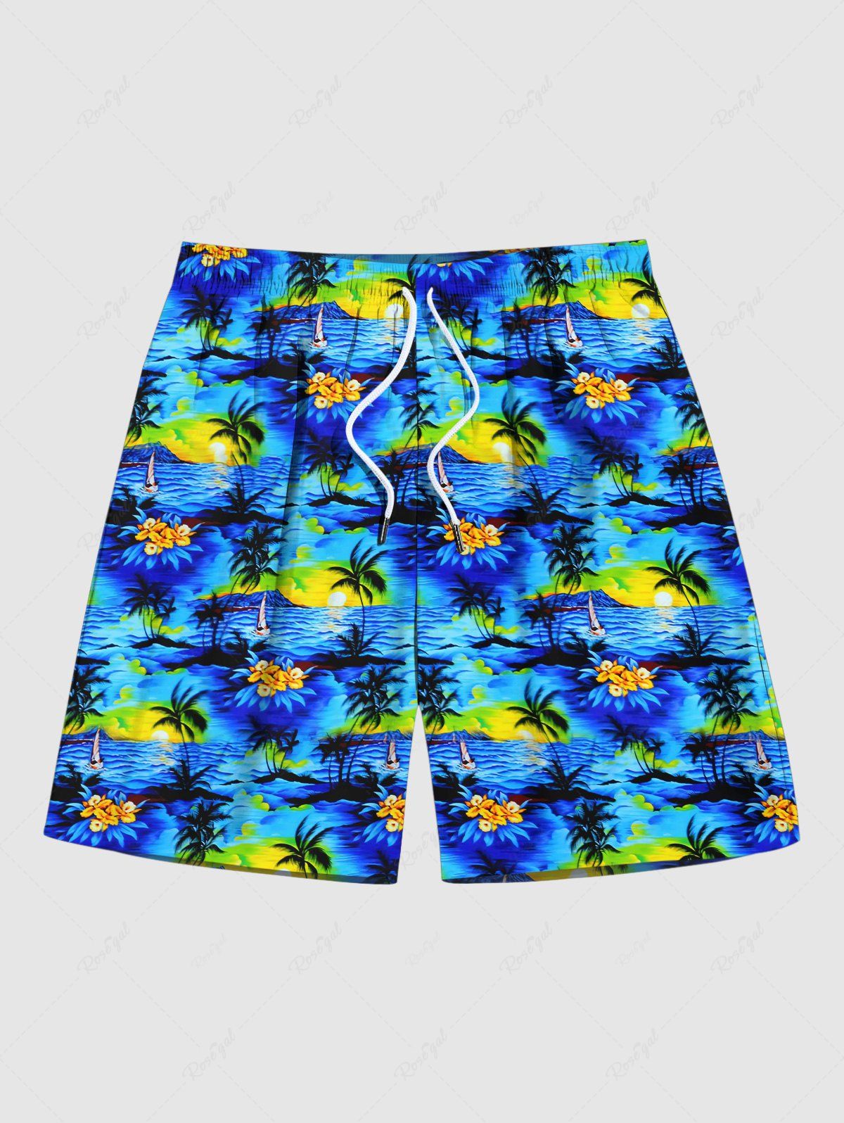 Affordable Men's Coconut Tree Sea Sun Print Hawaii Beach Shorts  