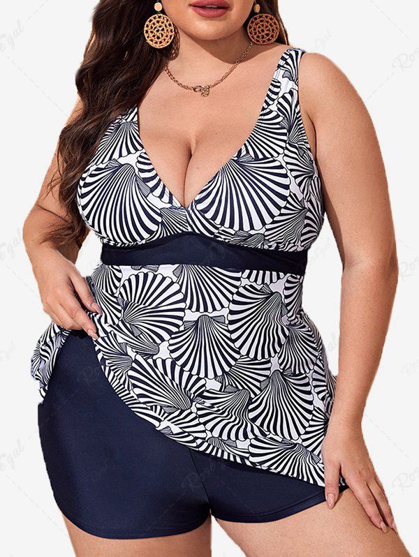 Maillot de Bain Tankini Short à Imprimé Coquillages Grande-Taille Noir 1XL