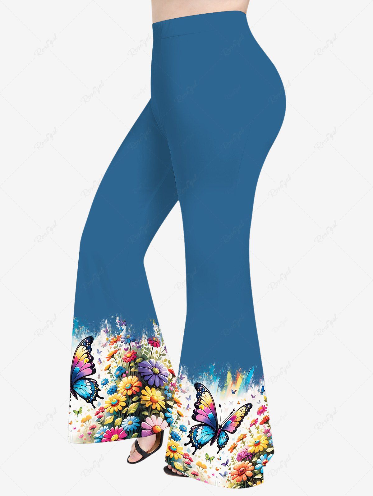 Pantalon Évasé Imprimé Papillon Floral Arc-en-Ciel Grande Taille Bleu L