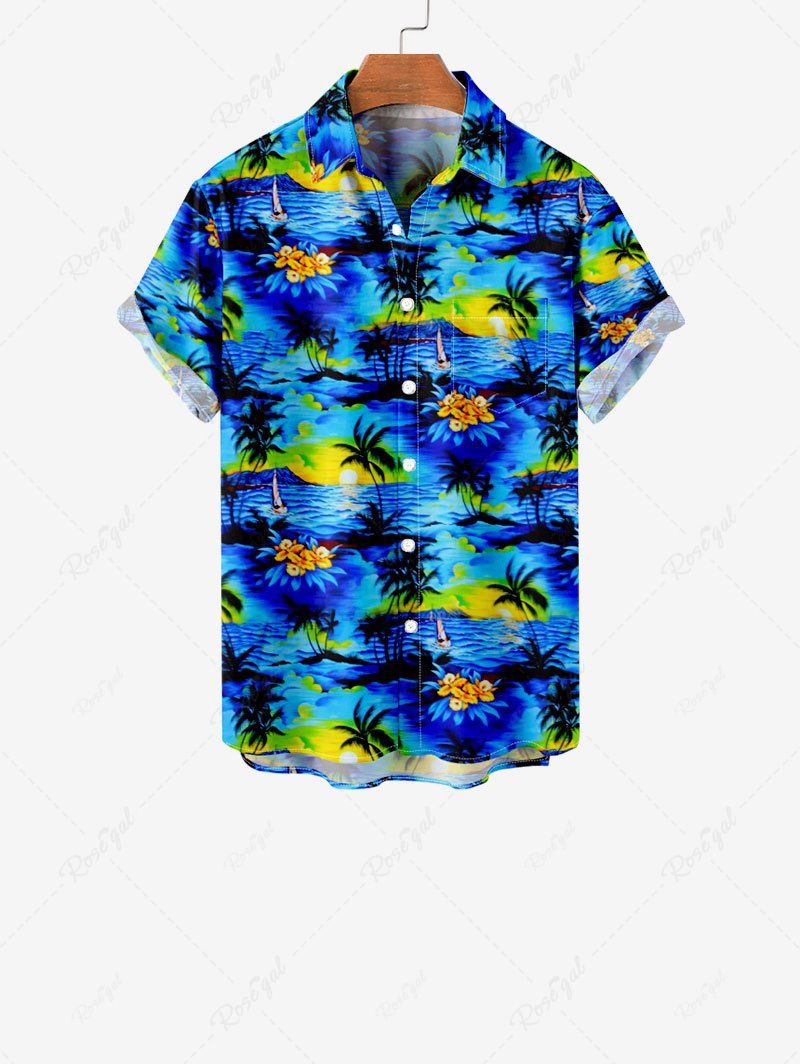 Cheap Kid's Coconut Tree Sea Sun Print Hawaii Button Pocket Shirt  