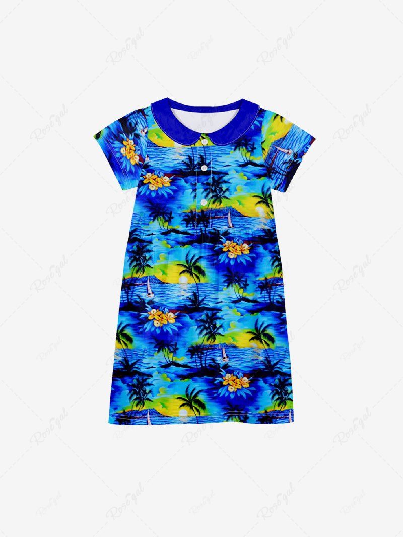 Shops Kid's Turn-down Collar Coconut Tree Sea Sun Print Hawaii Button Dress  