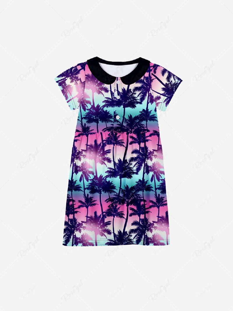 Affordable Kid's Ombre Aurora Galaxy Coconut Tree Print Hawaii Button Dress  