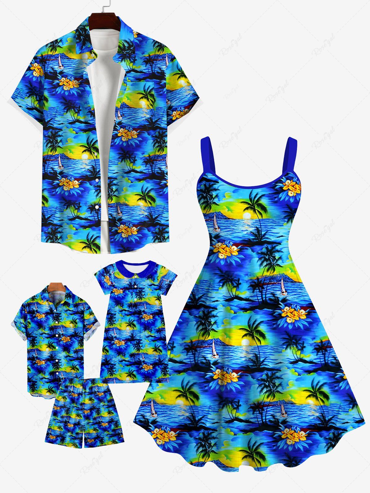 Hot Coconut Tree Sea Sun Print Plus Size Matching Hawaii Beach Outfit For Family  