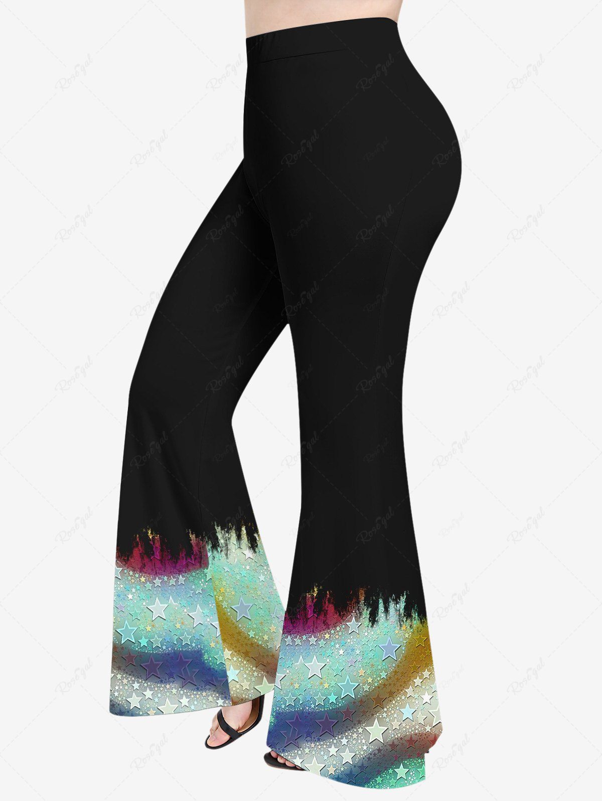 Pantalon Evasé 3D Etoile Arc-en-ciel Imprimé en Blocs de Couleurs de Grande Taille à Paillettes Noir 1X