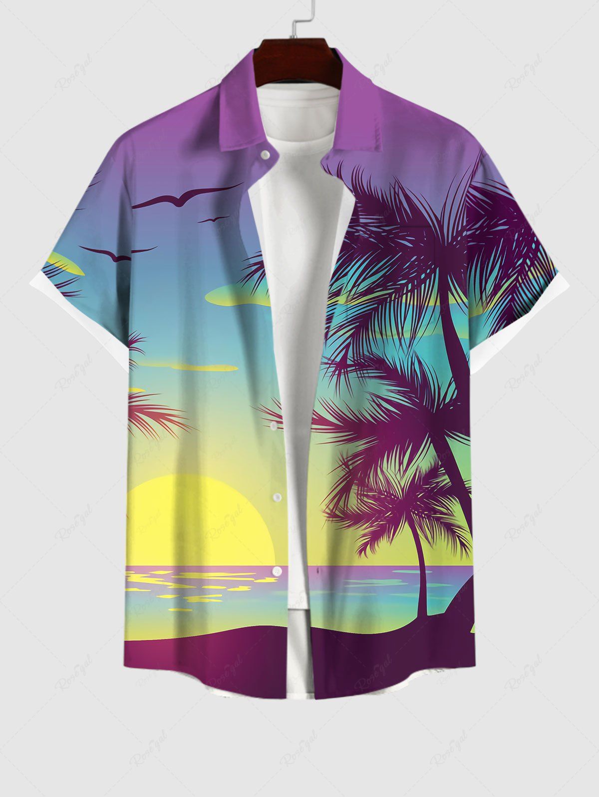 Latest Plus Size Coconut Tree Sunset Sea Print Buttons Pocket Hawaii Shirt For Men  