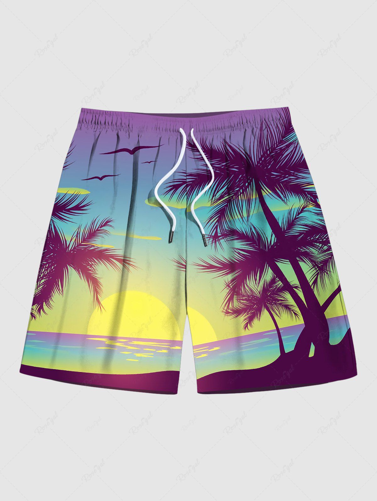 Outfit Plus Size Coconut Tree Sunset Sea Print Hawaii Beach Shorts  