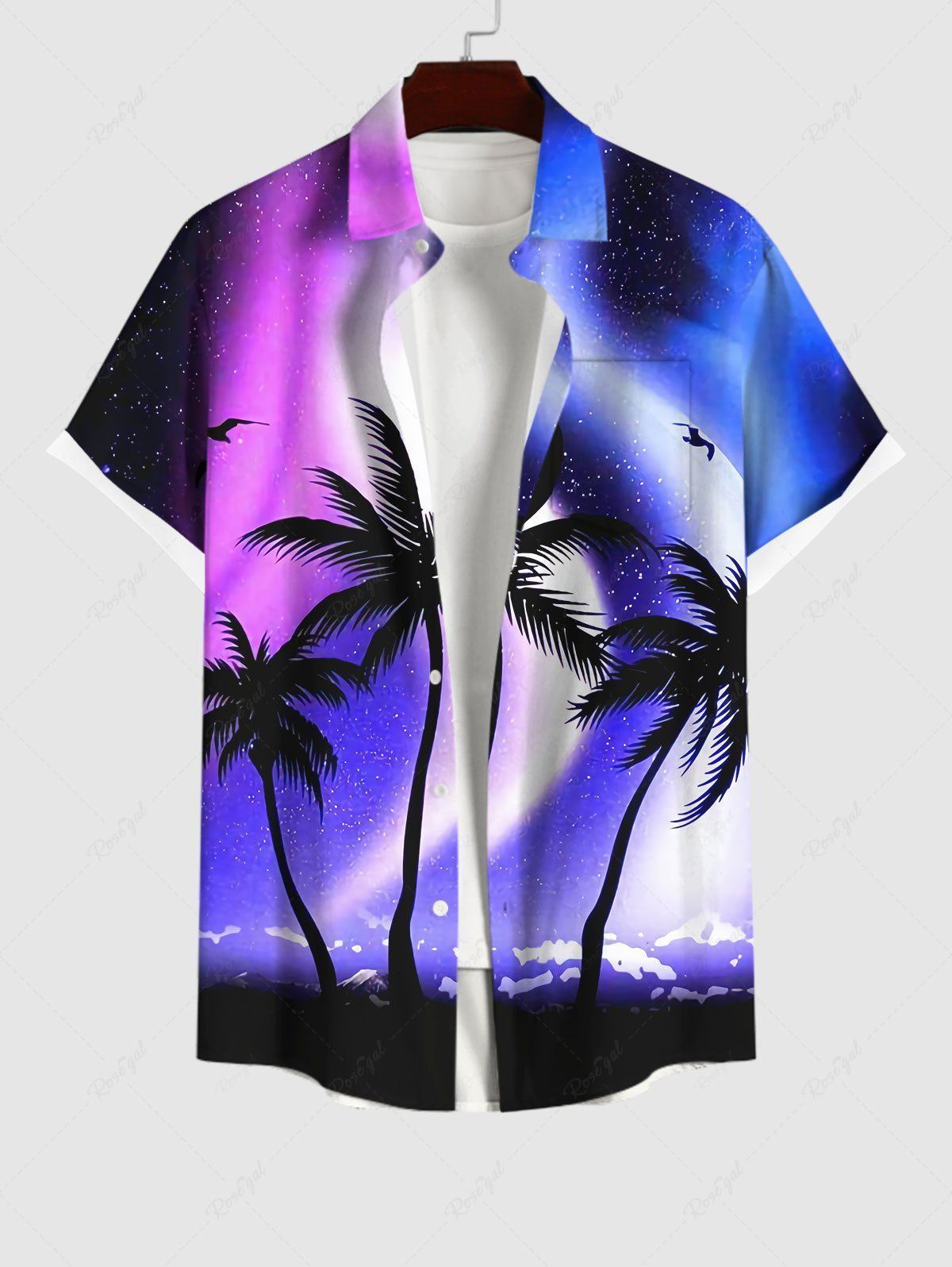 Discount Plus Size Ombre Aurora Galaxy Coconut Tree Print Hawaii Button Pocket Shirt For Men  