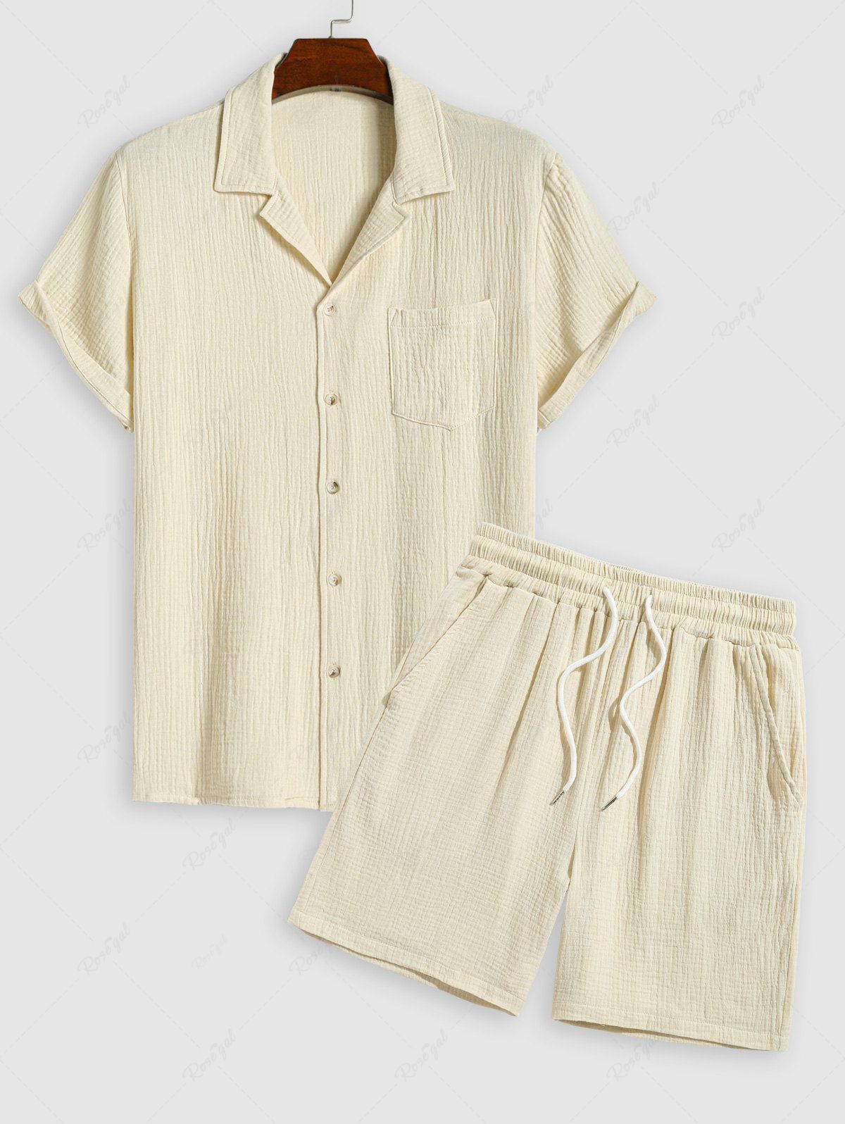 Buy Men's Matching Two Piece Solid Color Wrinkle Textured Front Pocket Design Camp Collar Button Up Short Sleeves Shirt and Drawstring Casual Shorts Set  